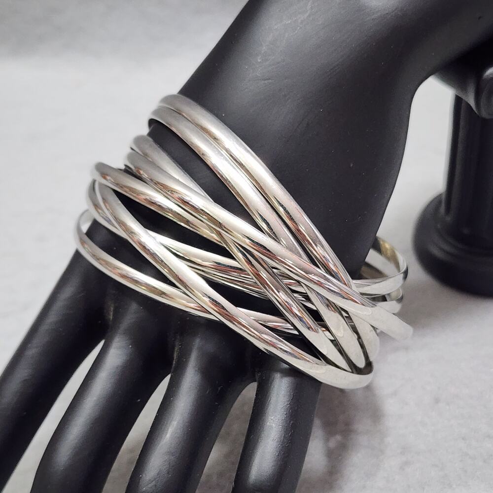 9 Ring MultiStrand Interlocking Puzzle Bangle Bracelets Silver Tone Polis Finish